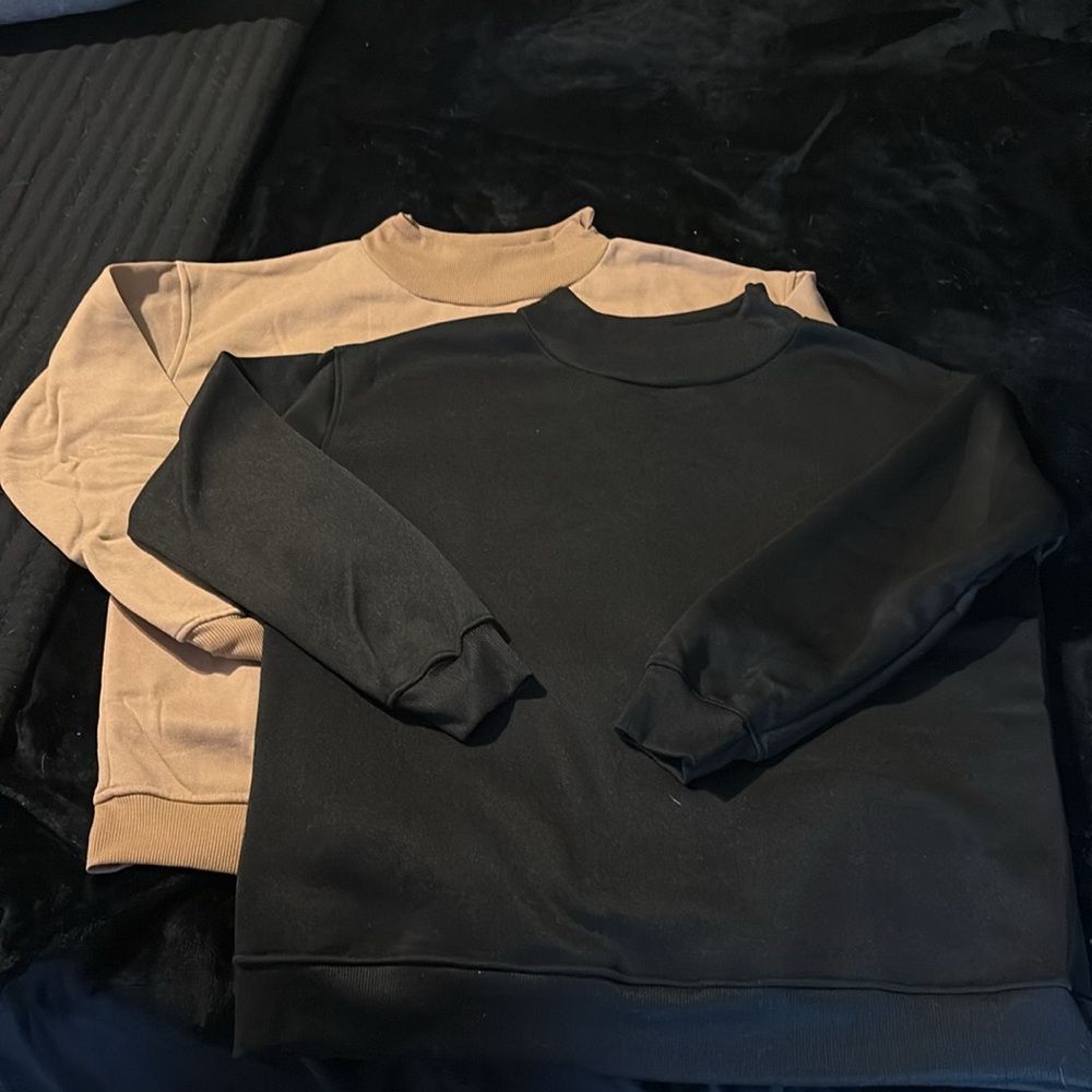 (2) mock neck sweatshirts- black and camel